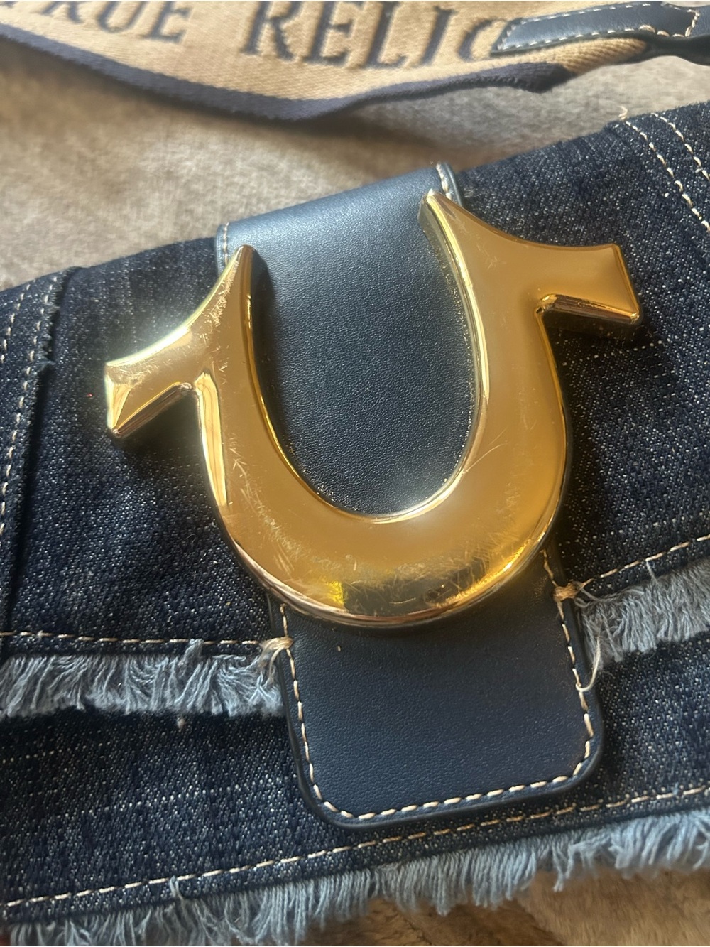 True Religion Dark Blue Frayed Denim Crossbody Bag with Gold Hardware - Picture 5 of 7
